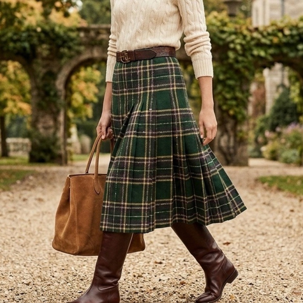 Vintage 100% Wool Moda Petite Paris Star Plaid Pleated Midi Skirt - Size 12